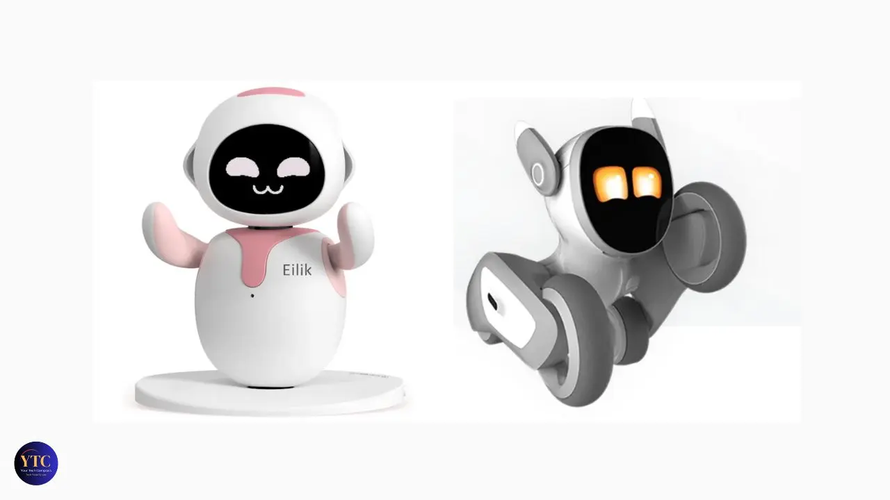 Two cute robots are pictured: on the left, a white and pink, smiling humanoid robot labeled "Eilik," and on the right, a grey wheeled robot with glowing orange eyes.