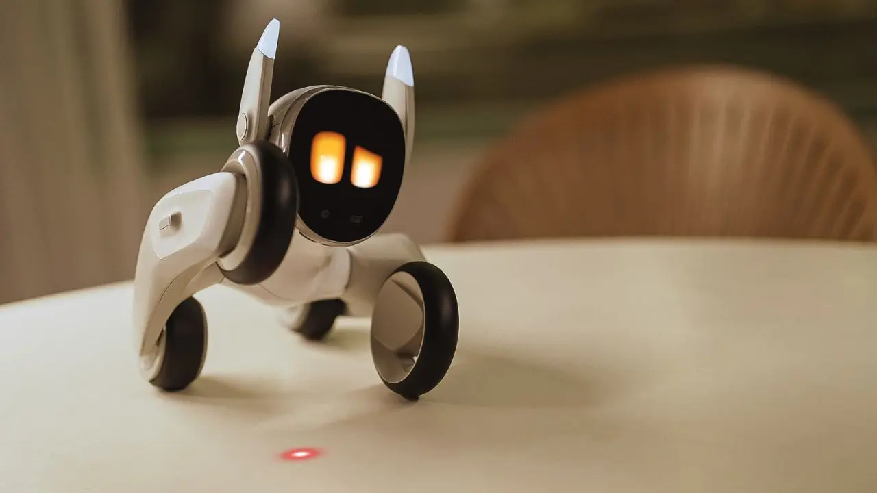 A small, wheeled robot with glowing orange eyes on a dark face is on a table. It appears playful, with a red dot of light nearby on the surface.