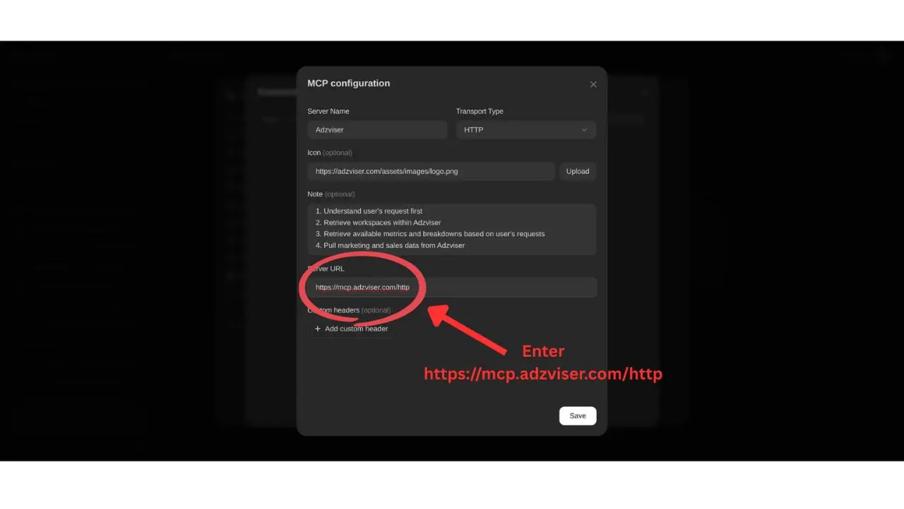 Dialog box titled "MCP configuration" showing server settings. A red arrow highlights the URL field with the text "https://mcp.adviser.com/http".