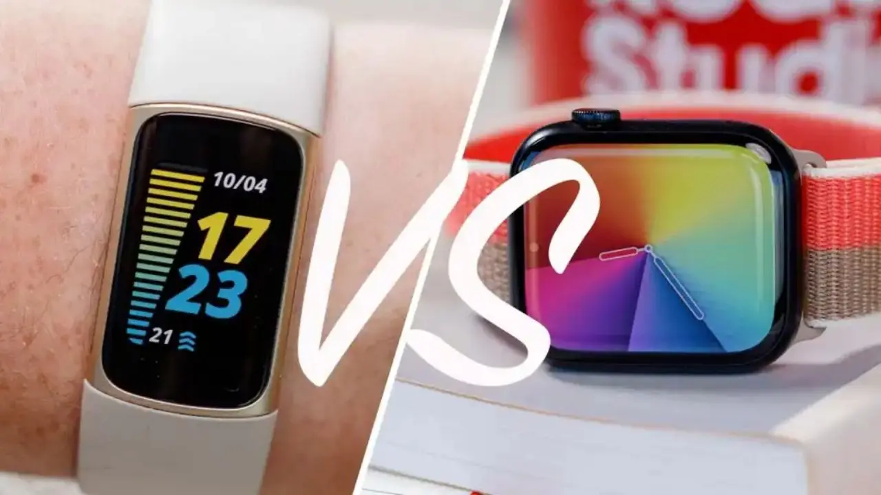 A beige smart band displaying time and steps is compared with a colorful-faced smartwatch on a striped band. The background suggests a tech-themed setting.
