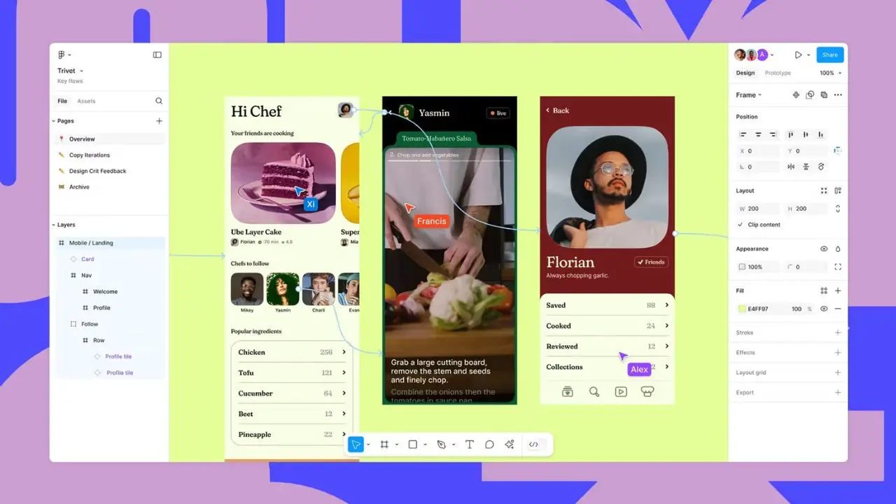 Design software interface showing three mobile app screens on a light green background. The screens feature cooking, profiles, and social elements.