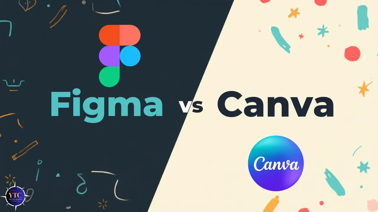 Split background with dark and light sides features Figma logo and text on the left and Canva logo and text on the right, highlighting a comparison.