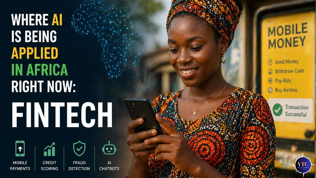 Young woman in colorful attire using a smartphone near a mobile money kiosk. Text highlights AI in Africa’s fintech: mobile payments, credit scoring, and more.