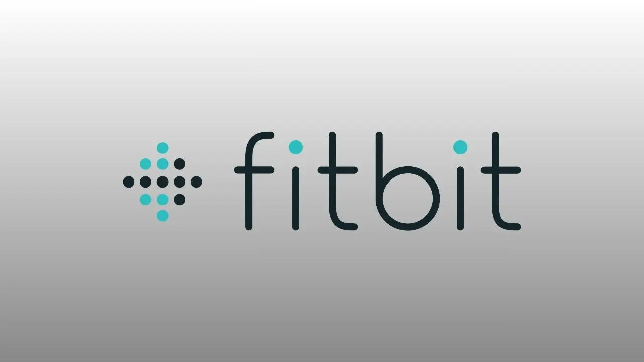 The image features the Fitbit logo on a gradient gray background, with "fitbit" in sleek lowercase text next to a cluster of dots in teal and black.