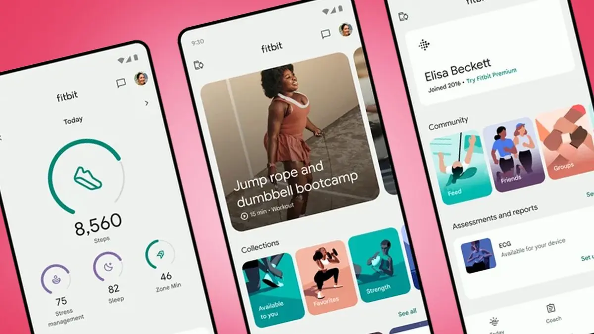 Three smartphone screens displaying a fitness app interface against a pink gradient background. The screens show step counts, a workout titled 'Jump rope and dumbbell bootcamp,' and user information with community and assessment features. The design is clean and modern, conveying an active and motivating tone.