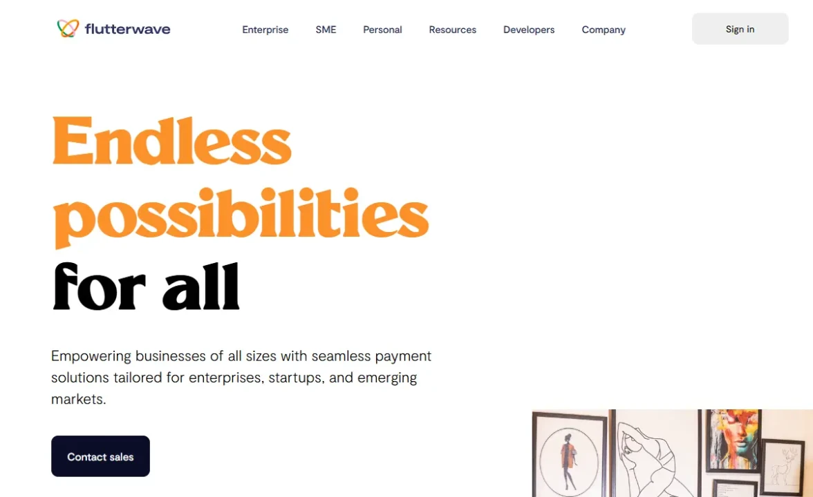 Flutterwave webpage with bold text 'Endless possibilities for all,' promoting seamless payment solutions. Minimalist design with art on the side.