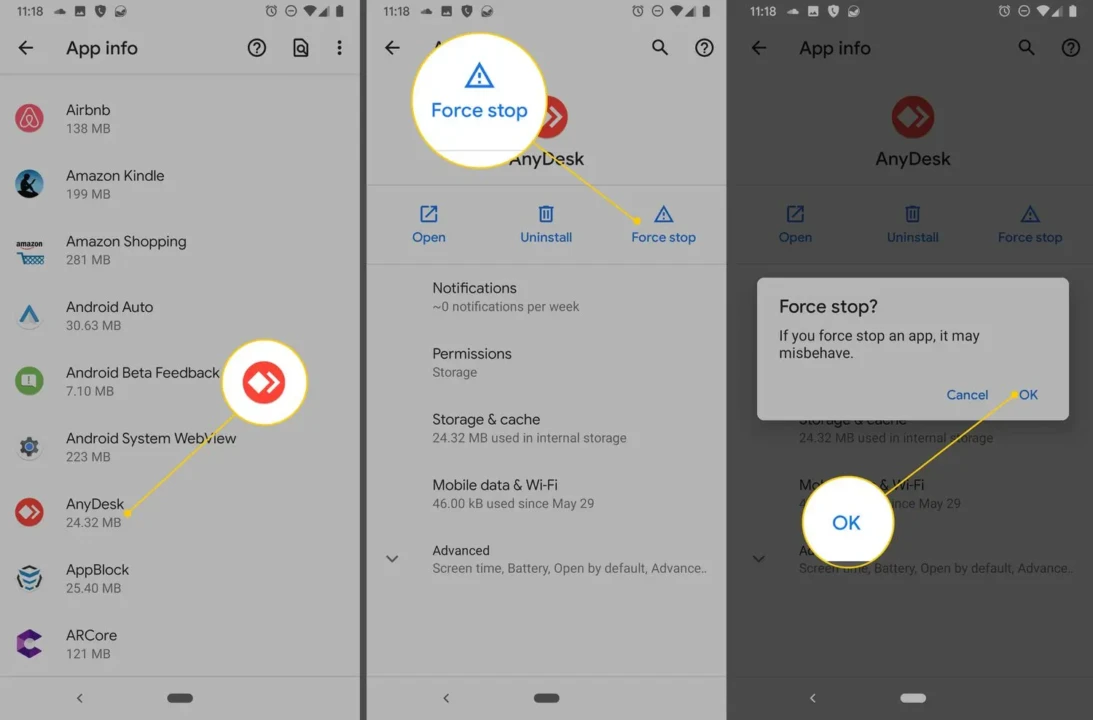 Screenshot showing Android app list focusing on AnyDesk. Steps highlight selecting "Force stop" and confirming with "OK," warning of possible app misbehavior.