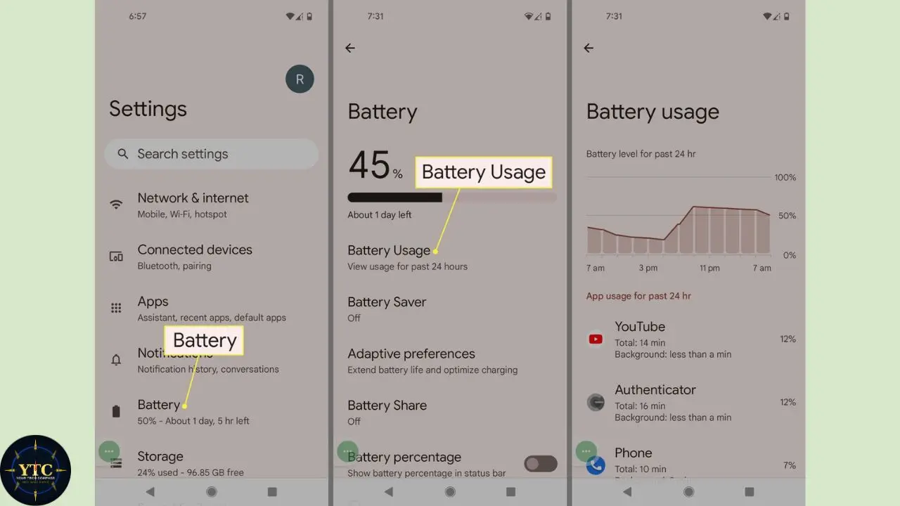 Three smartphone screen images showing battery settings: first, general settings with a focus on "Battery"; second, battery usage with 45% remaining; third, detailed battery usage with a graph and app percentages.