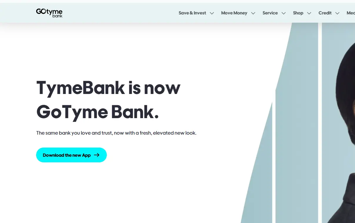 Screenshot of a webpage announcing 'TymeBank is now GoTyme Bank' with a modern design. A blue button below reads 'Download the new App.'