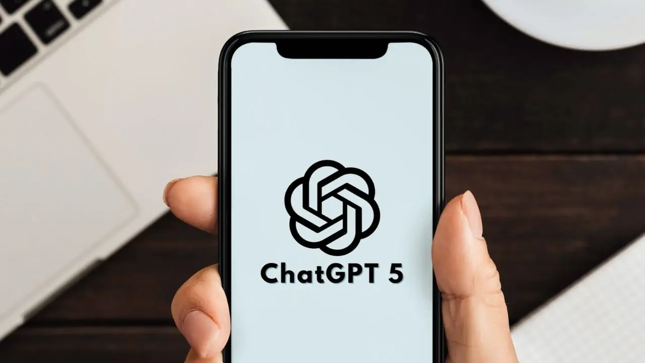 A hand holds a smartphone displaying the ChatGPT 5 logo and text on the screen. A laptop and notebook are visible on a wooden table in the background.