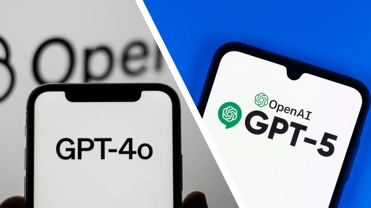 Split image showing two smartphones. Left phone displays "GPT-4" on a blurred background; right phone shows "GPT-5" with the OpenAI logo on a blue backdrop.
