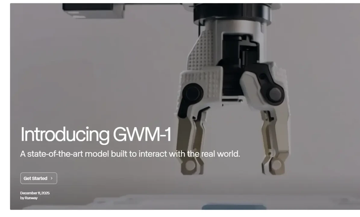 Close-up of a robotic gripper displaying advanced technology. Text reads: "Introducing GWM-1: A state-of-the-art model built to interact with the real world."