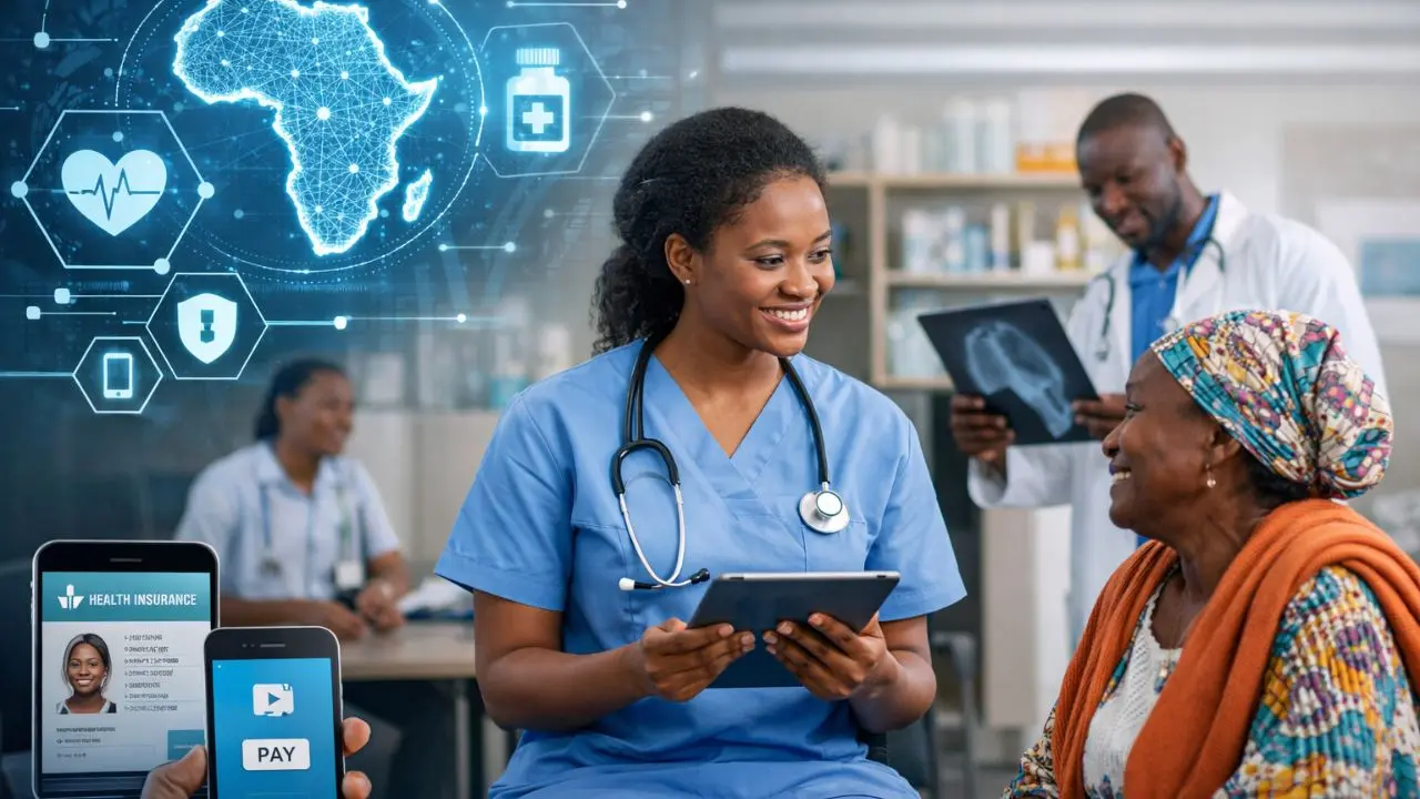 Smiling nurse holds a tablet, engaging with an elderly patient in vibrant attire. Digital health icons hover, with a doctor and smartphone in the background.