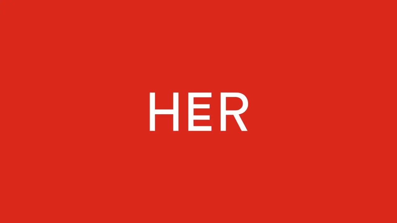Red background with the word "HER" in bold white capital letters centered. The design is minimalist, creating a bold and eye-catching statement.