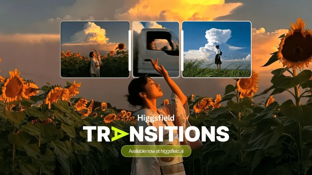 Woman in a sunflower field under a dramatic sky, surrounded by three frames showing different scenes. Text reads "Higgsfield Transitions." Mood is serene.