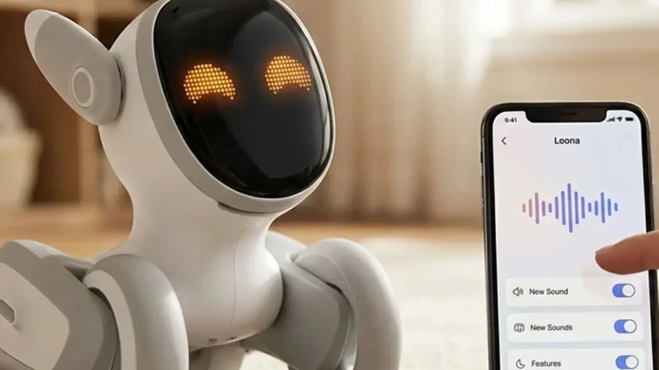 A cute white robot with glowing orange eyes sits on the floor, looking at a smartphone showing an app for sound control. The setting is cozy and modern.