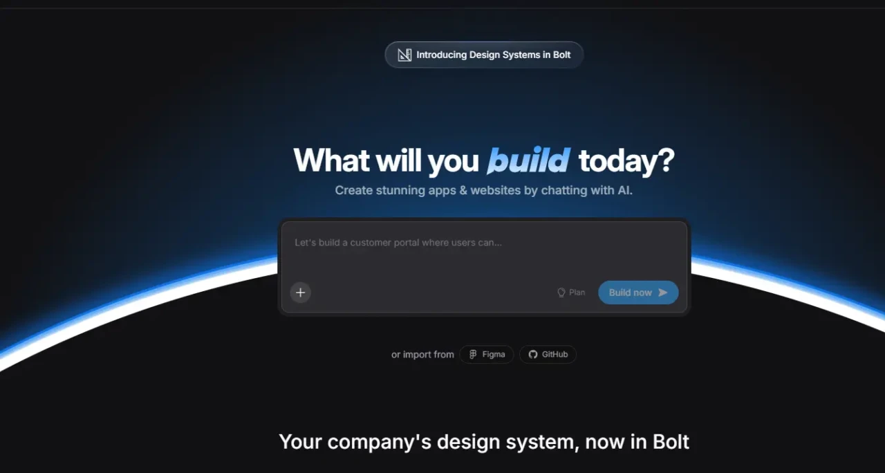 Website homepage with a dark background featuring the text 'What will you build today?' and options to create apps using AI with Bolt.
