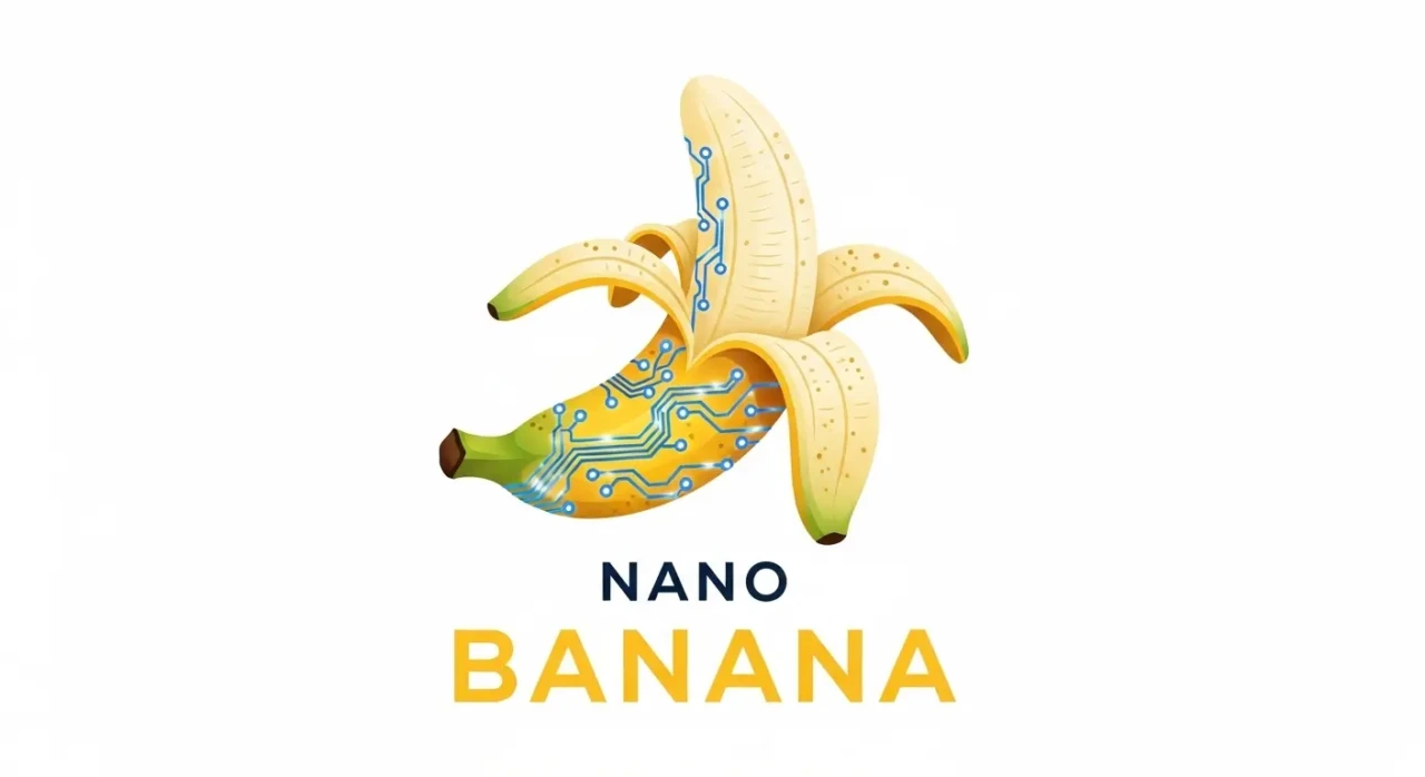 Illustration of a peeled banana with a circuit pattern on the fruit, labeled "Nano Banana." The design blends technology and nature themes creatively.