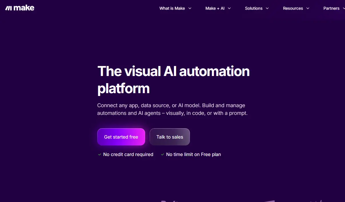 Website homepage for 'make' displaying a bold header: 'The visual AI automation platform.' Purple background, with buttons to 'Get started free' and 'Talk to sales' highlighted. Key features include no credit card required and no time limit on the free plan. Navigation links are visible at the top.
