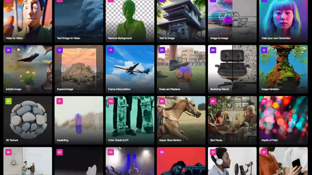 A grid of vibrant thumbnails illustrating various AI tools like video transformation, background removal, image expansion, and color grading.