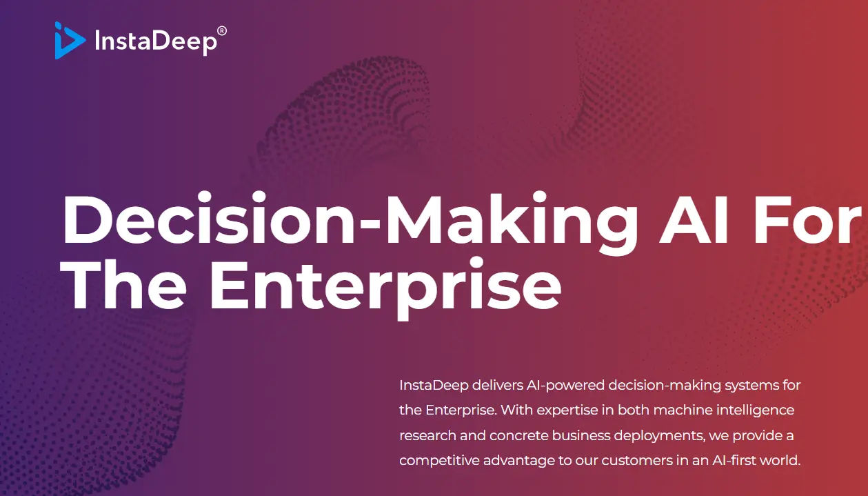 Blue and purple gradient background with the InstaDeep logo. Bold white text reads, "Decision-Making AI For The Enterprise." Below, smaller text explains InstaDeep’s AI expertise.
