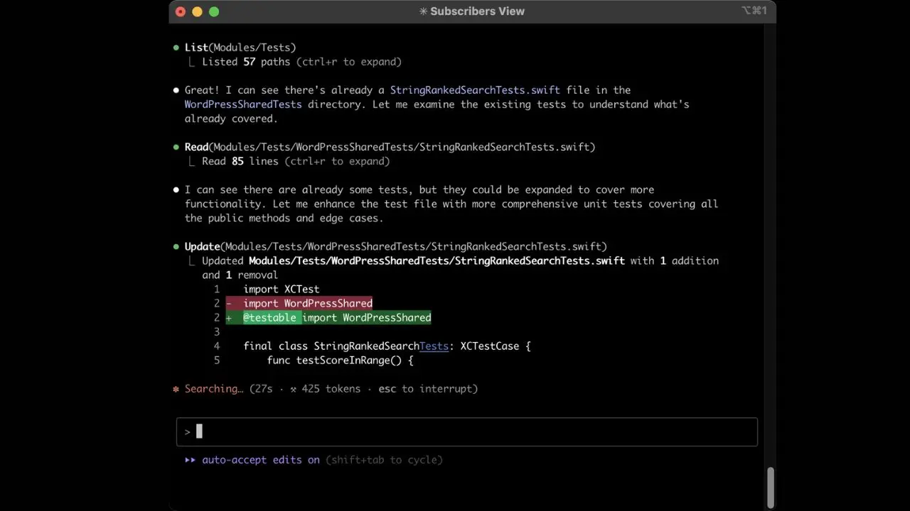 Code editor showing Swift code edits in a dark theme. Lines 1-4 highlight imports, with 'WordPressShared' in green. The tone is technical.