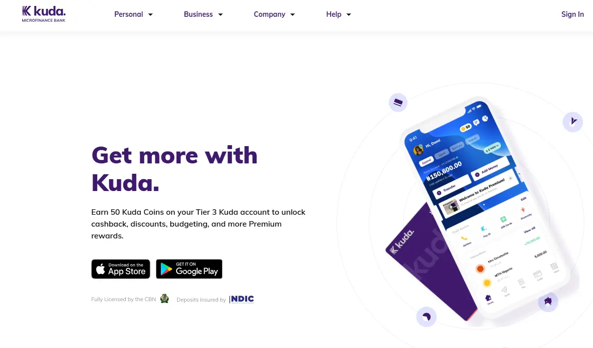 Kuda Bank promotional webpage showing a digital banking interface on a smartphone. Text highlights rewards and app availability on the App Store and Google Play.