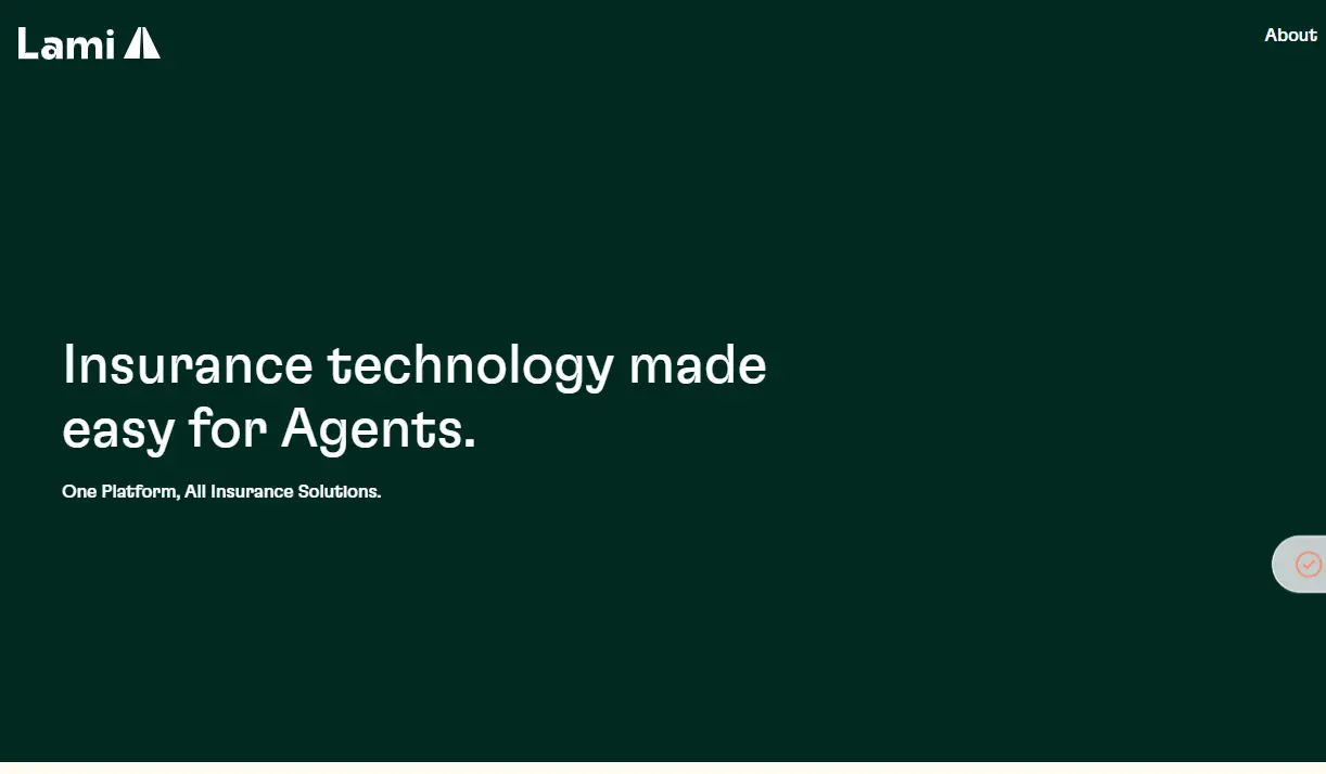 Dark green background with "Insurance technology made easy for Agents" in white text. Top left shows a logo, top right has "About." Minimal, professional tone.