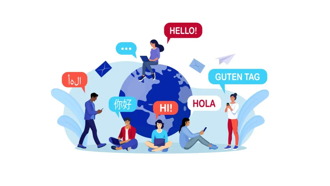 Illustration of diverse people around a globe, using devices. Speech bubbles say "Hello" in various languages, symbolizing global communication.