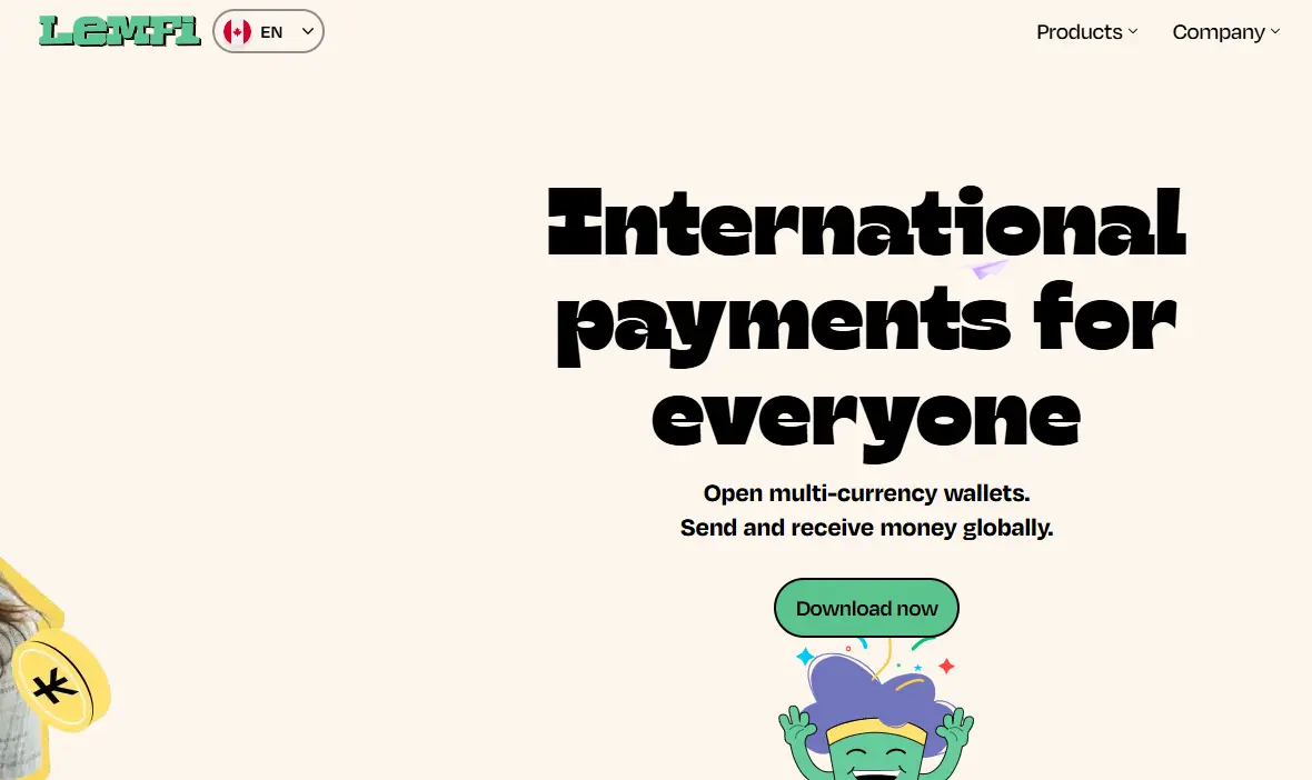 Webpage with bold text 'International payments for everyone' and a cartoon character holding a 'Download now' button. Multi-currency wallet messaging conveys accessibility and ease of global transactions. Logos and icons suggest a tech and finance context.