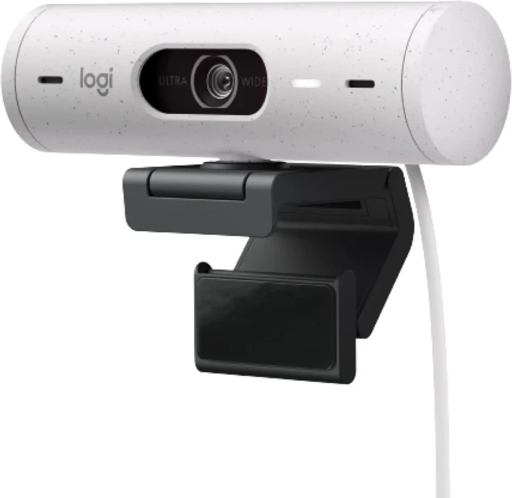 A white, cylindrical webcam with a black lens labeled "Ultra Wide," mounted on an adjustable black clip, conveys a modern, high-tech design.