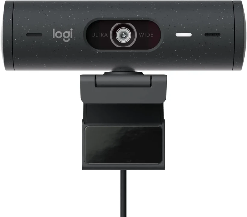 A sleek, black webcam with a textured, speckled surface. It features an ultra-wide lens at the center, mounted on an adjustable stand with a USB cable.
