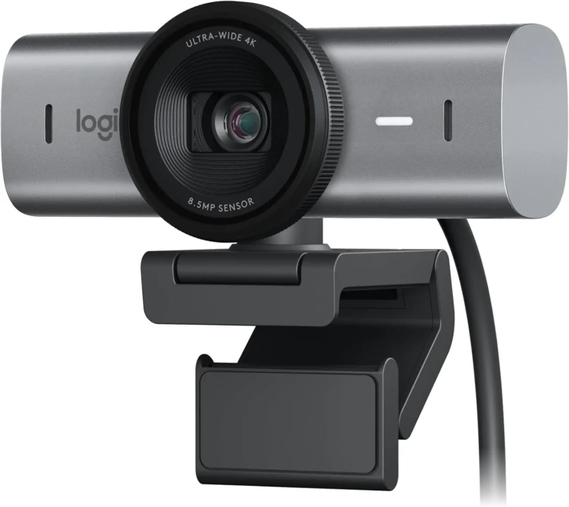 Sleek silver webcam with a prominent black lens labeled "Ultra-Wide 4K" and "8.5MP Sensor," mounted on an adjustable clip, conveying modern technology.
