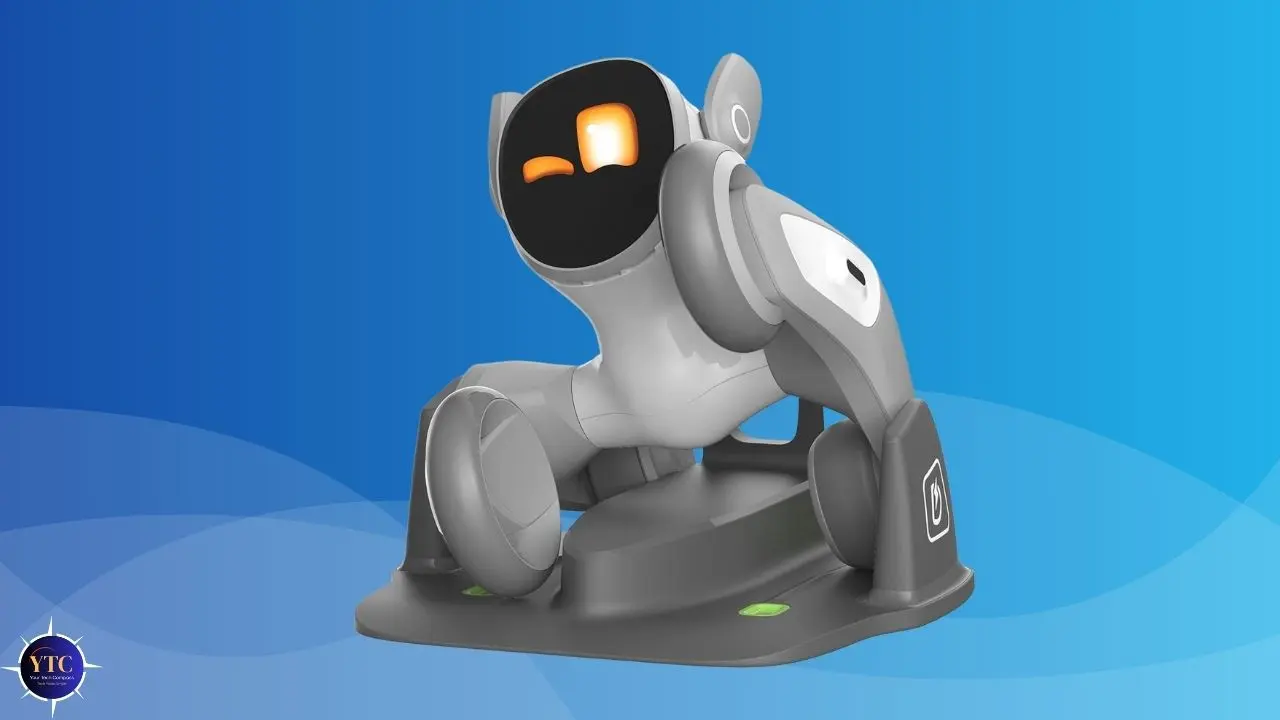 A futuristic, gray and black robot with glowing orange eyes sits on a base against a gradient blue background, conveying a tech-savvy feel.