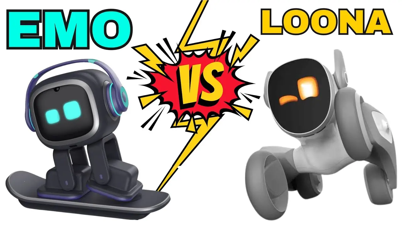 Two cute robots face off, with "EMO" in teal on the left and "LOONA" in yellow on the right. A comic-style "VS" explosion is in the center.
