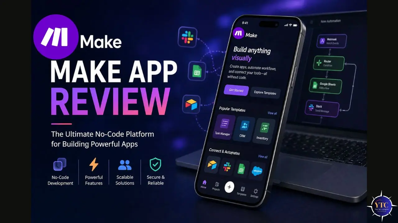 Digital advertisement for Make, a no-code app platform. Features include development, powerful tools, scalable solutions, and security. The ad shows a smartphone displaying app options, with a laptop and app icons in the background, highlighting connectivity and automation themes.