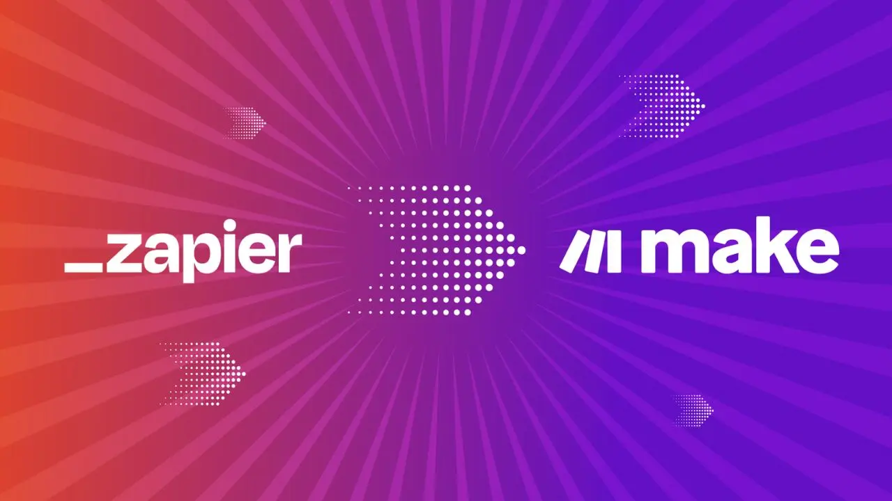 A vibrant graphic with a purple radial background features "Zapier" on the left and "Make" on the right, separated by a dotted arrow pointing right.