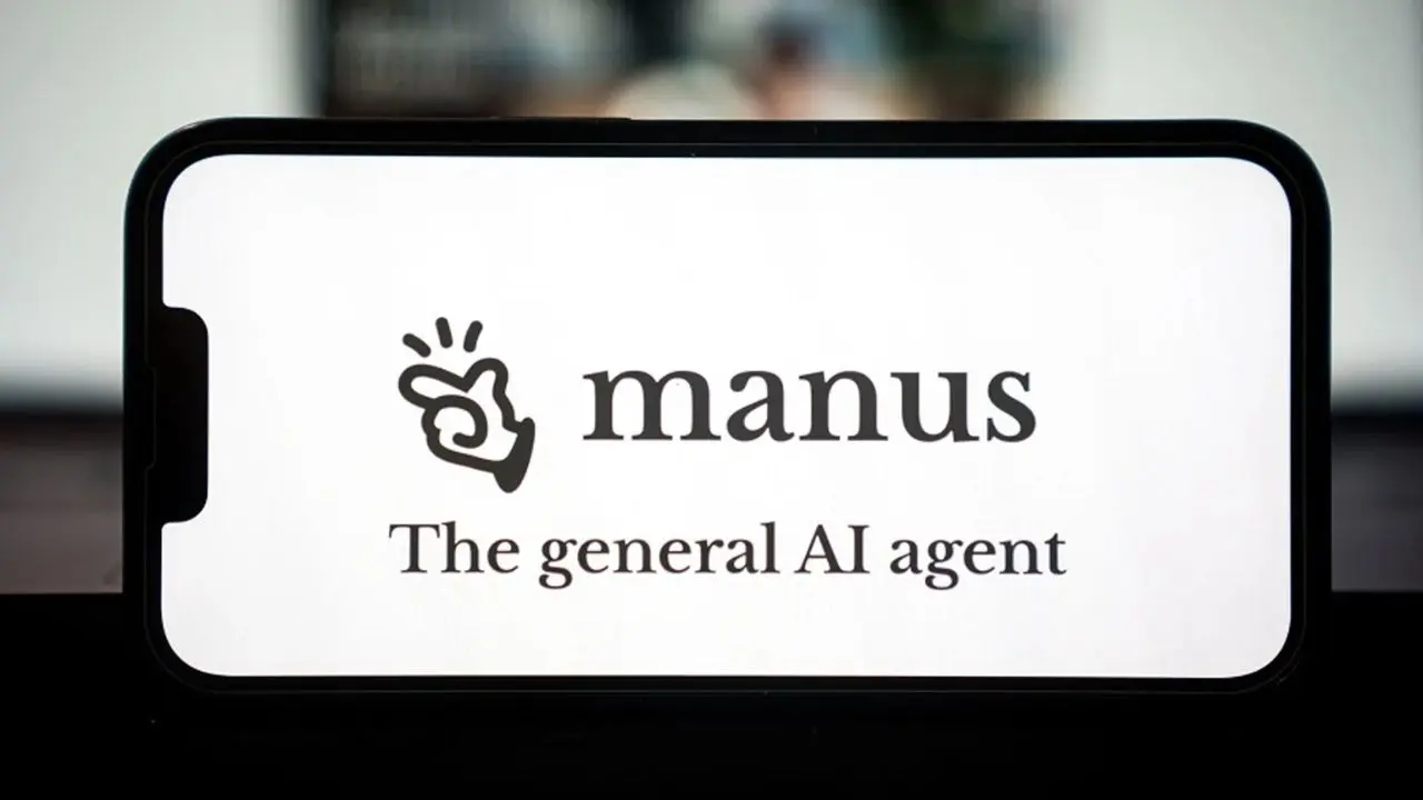 A smartphone screen displays the logo and text: "manus The general AI agent." The design is minimalistic with a calm, professional tone.