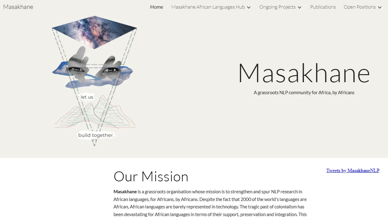 Masakhane website homepage features an abstract design with eyes, clouds, and geometric lines, symbolising unity. The text reads 'A grassroots NLP community for Africa, by Africans.' Below is a mission statement emphasising the importance of African languages in NLP research.