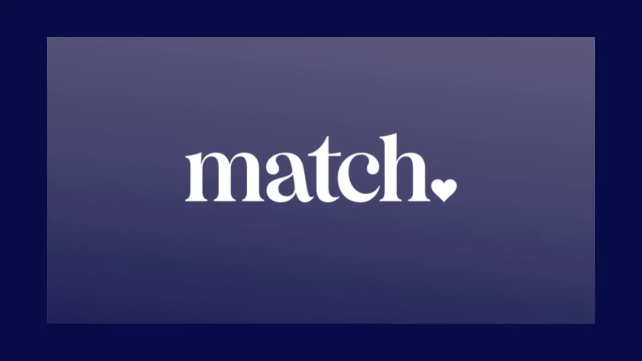 The image displays the word "match" in white lowercase letters on a blue gradient background, with a small heart symbol next to it, conveying a romantic tone.