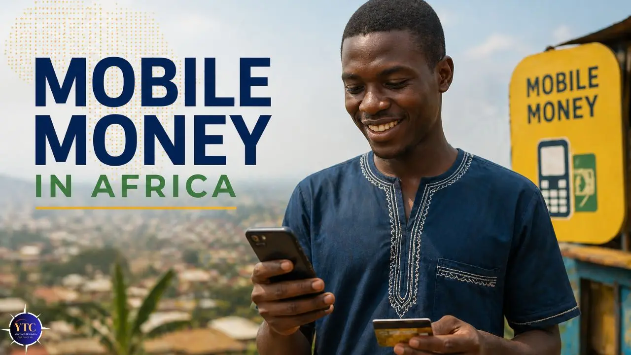 Young man in a blue shirt smiles while using a smartphone outdoors. Behind him is a "Mobile Money" kiosk sign. Text reads "Mobile Money in Africa."