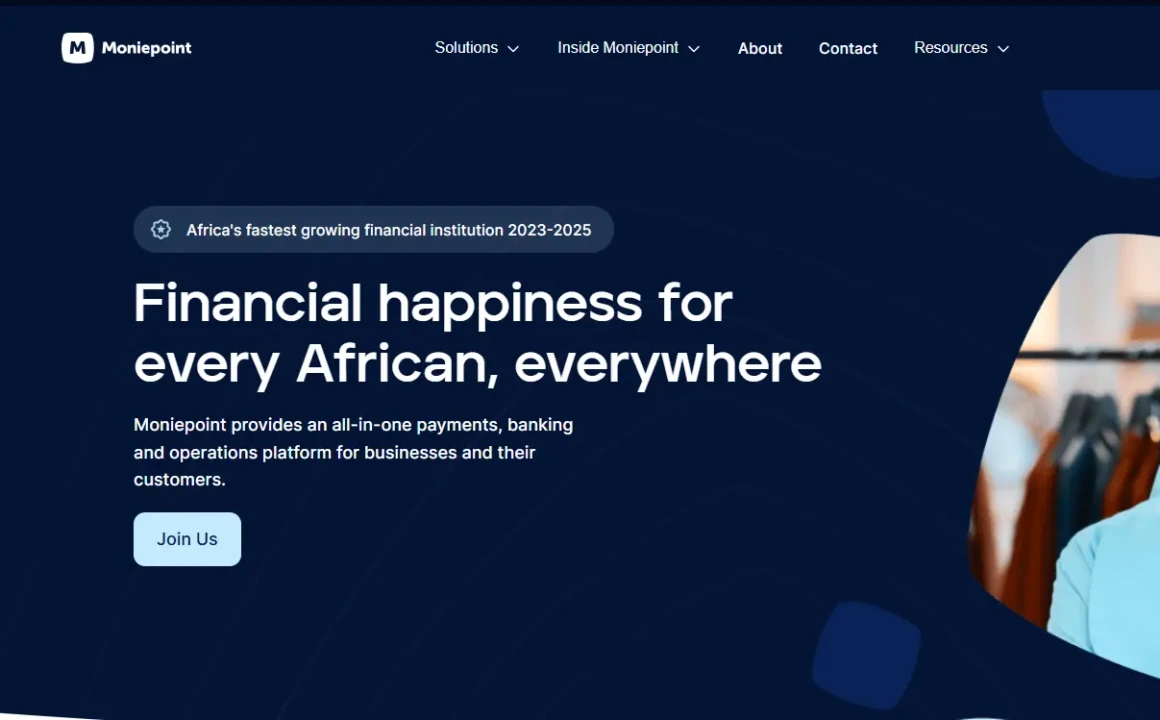 Moniepoint website homepage featuring the slogan 'Financial happiness for every African, everywhere.' Offers payments, banking, and operations for businesses. Prominent call to action button labeled 'Join Us' against a dark blue background.