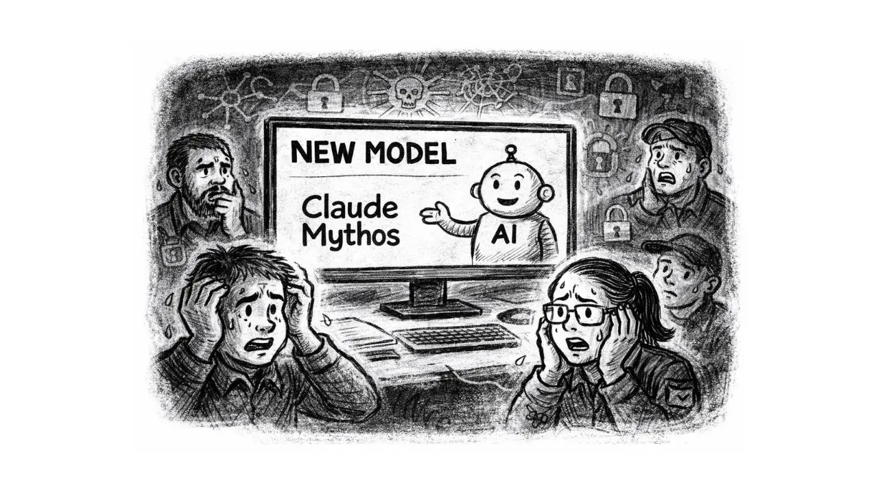 A black-and-white illustration depicts five worried people around a computer showing a new AI model called "Claude Mythos." The background includes padlocks and gears.