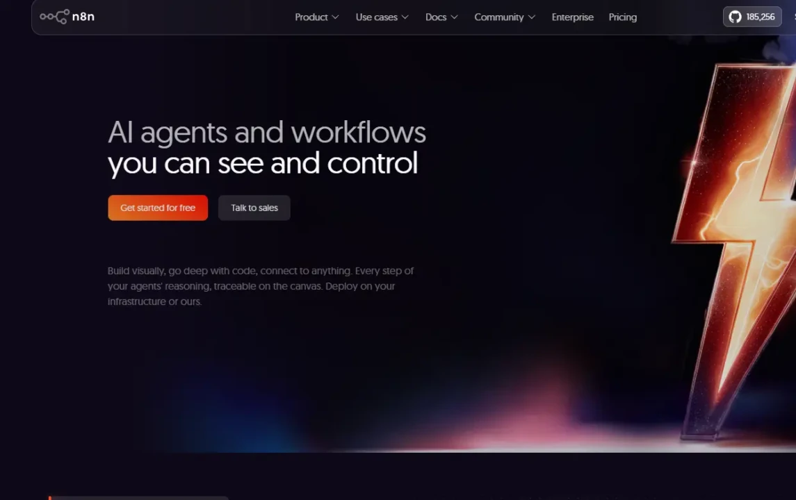 Dark themed website with a large, glowing lightning bolt on the right. Text reads 'AI agents and workflows you can see and control' with buttons for 'Get started for free' and 'Talk to sales' below. The overall tone is dynamic and futuristic.