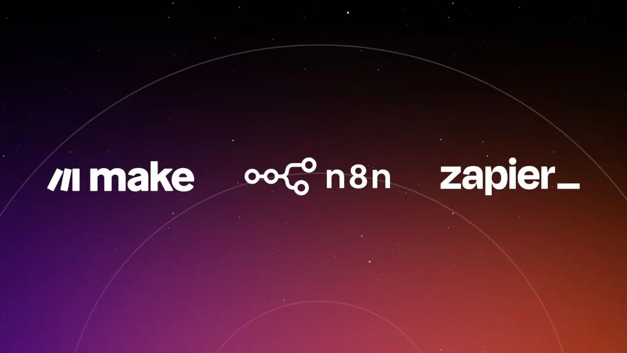 Logos of Make, n8n, and Zapier on a gradient background transitioning from dark purple to orange, with faint circular lines, convey a tech theme.