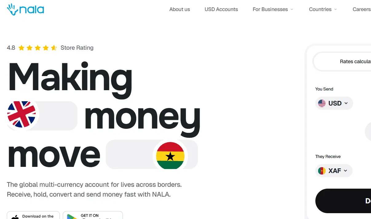 Nala webpage promoting international money transfer with text 'Making money move' featuring UK and Ghana flags. Includes service description for multi-currency accounts and quick money transfers. Top menu options focus on services and company information.