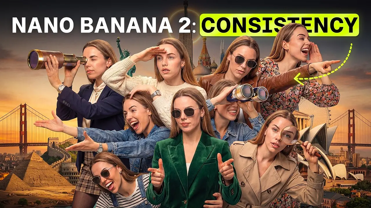A group of identical women pose in various outfits, each engaging differently, such as using binoculars or reading. Background includes global landmarks at sunset. Text reads, "Nano Banana 2: Consistency." Tone is playful and adventurous.