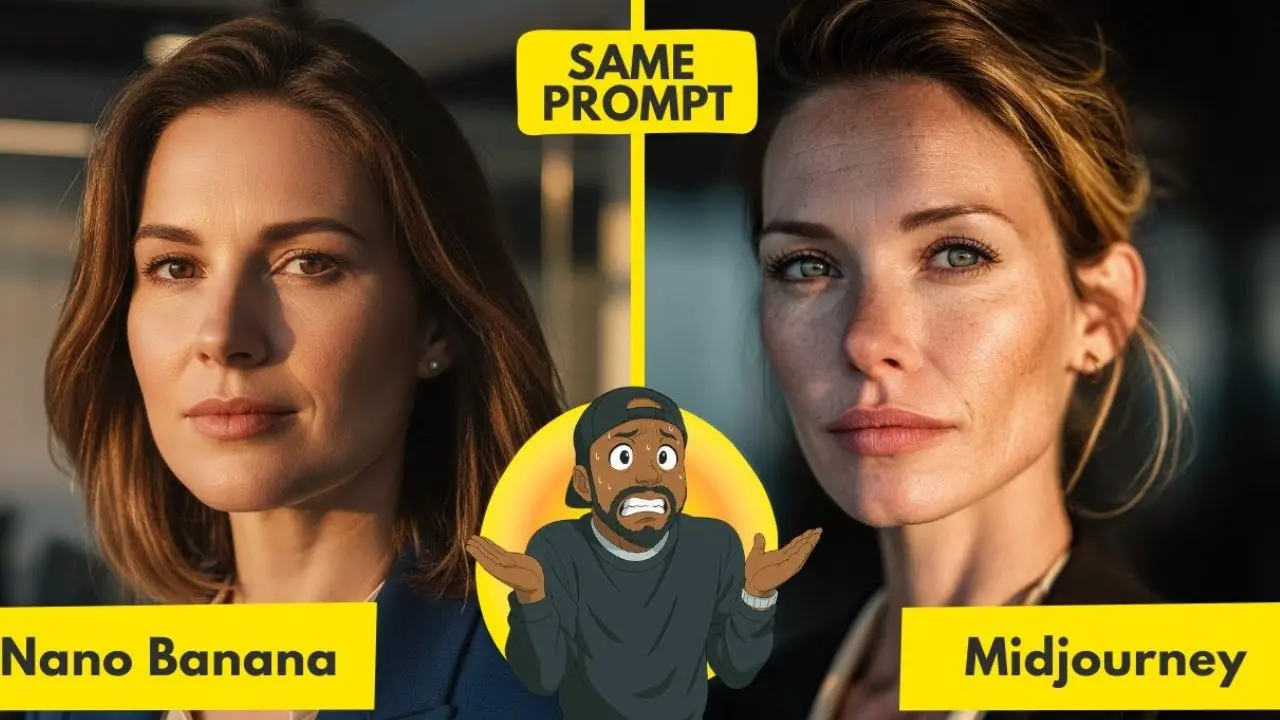 Split image showing two women in different styles. Left: labeled "Nano Banana," modern look. Right: labeled "Midjourney," classic look. A cartoon of a surprised person is between them.