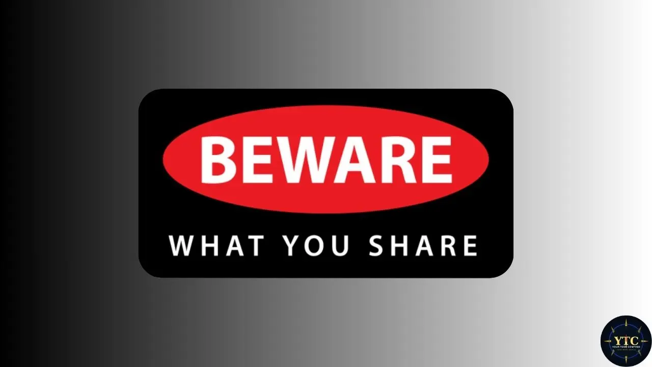A sign with a red oval containing the word "BEWARE" in bold white text, and "WHAT YOU SHARE" in white below. Background gradient from black to gray.