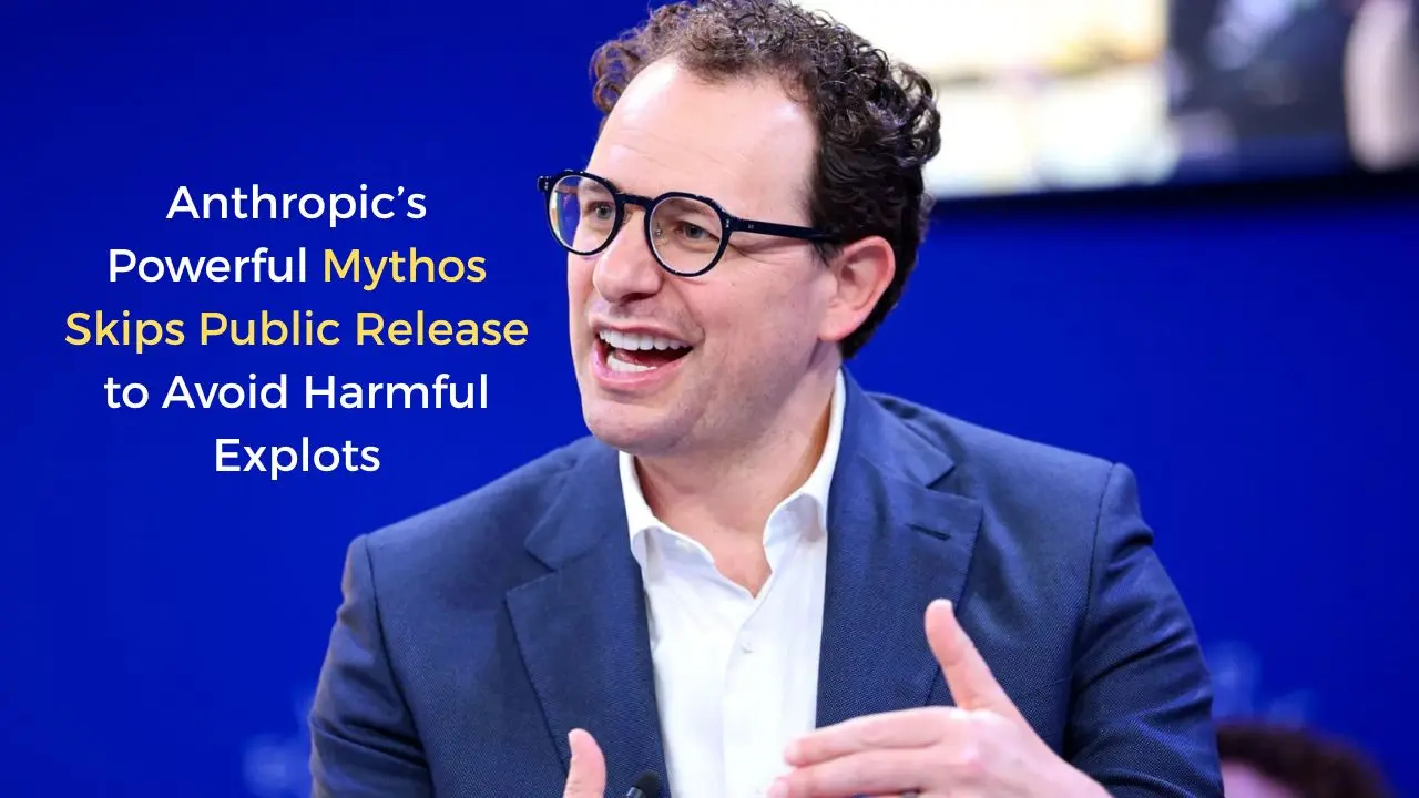 A person in a suit and glasses speaks animatedly against a bright blue background. Text overlays read: "Anthropic’s Powerful Mythos Skips Public Release to Avoid Harmful Exploits."